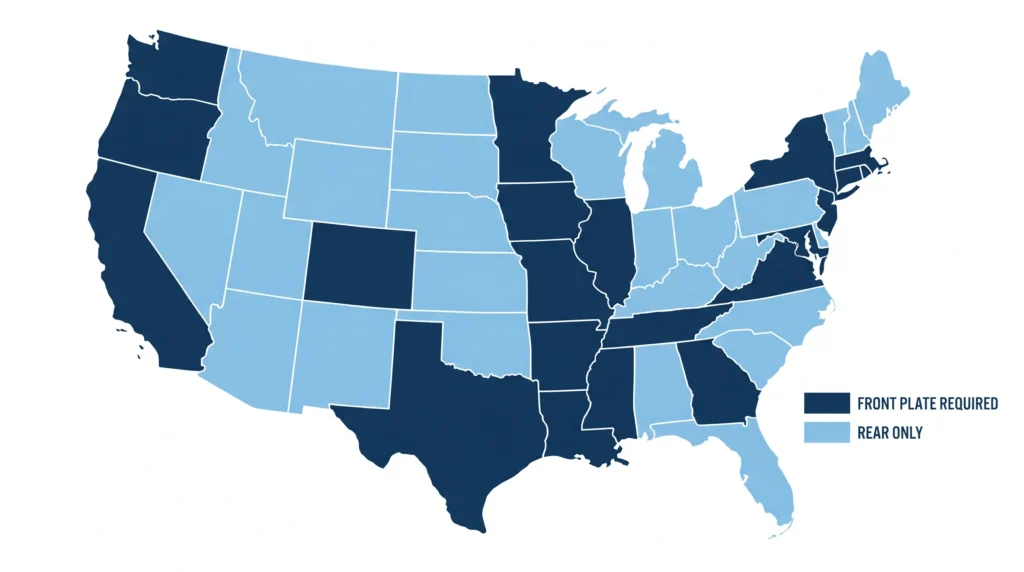 US map showing which states require a front license plate in 2026
