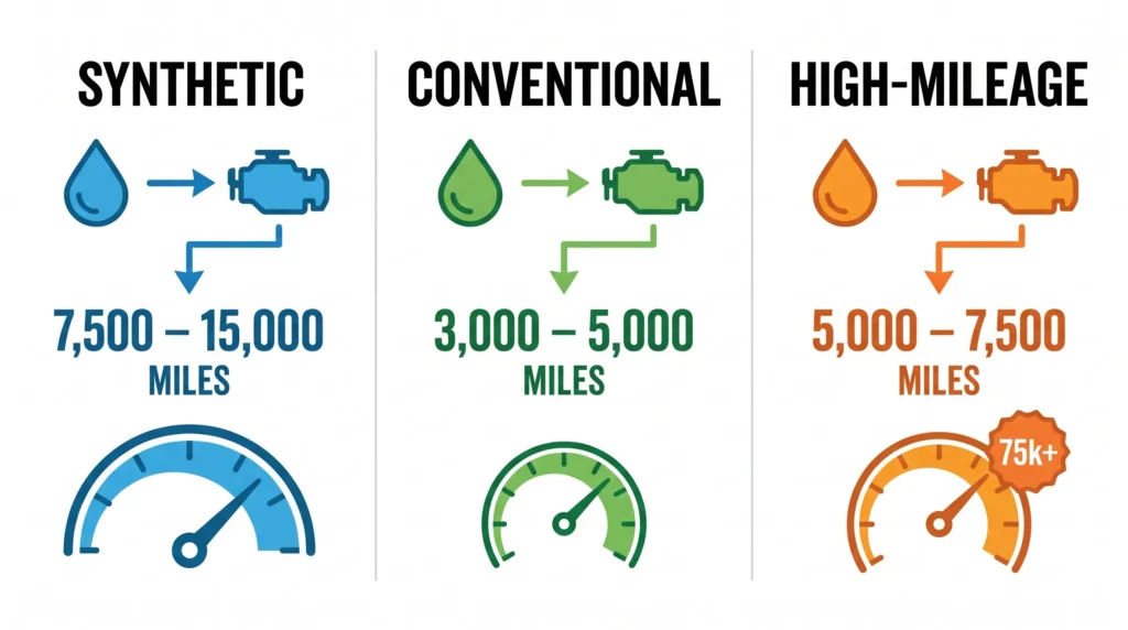Infographic-style chart showing oil change intervals for different oil types — synthetic, conventional, and high-mileage — with mileage ranges and icons of an oil drop and a car engine,