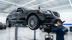 Luxury sedan getting an oil change at a premium auto service center