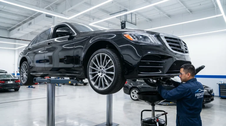 Luxury sedan getting an oil change at a premium auto service center